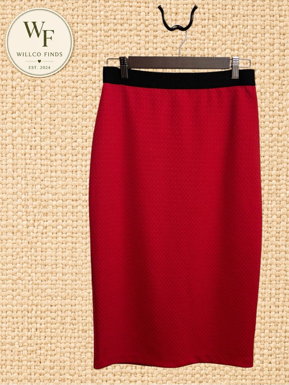 Alfani XS Red Textured Pencil Midi Skirt Black Waistband Back Zip Stretch